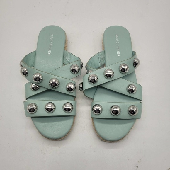 New MARC FISHER Prisca Ball-Studded Espadrille Sandals slides teal Green Size 6 - Picture 2 of 10